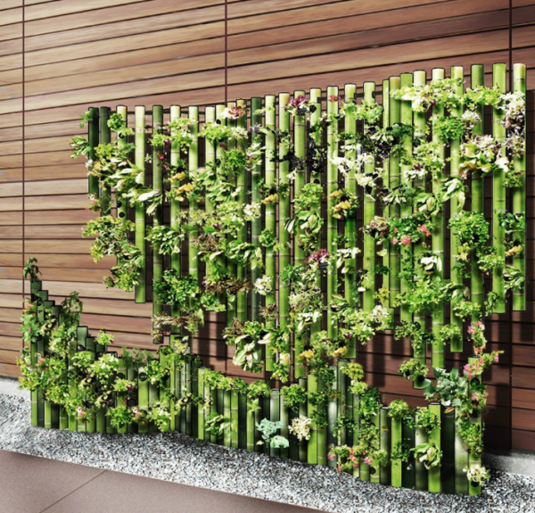 Taman dengan hiasan dinding dari bambu atau anyaman